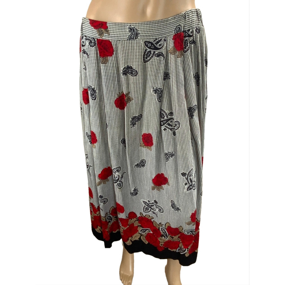 Chaus Pleated Skirt 14 Black Red Floral Elastic Waist Pockets‎ Romantic Coquette - Picture 2 of 16